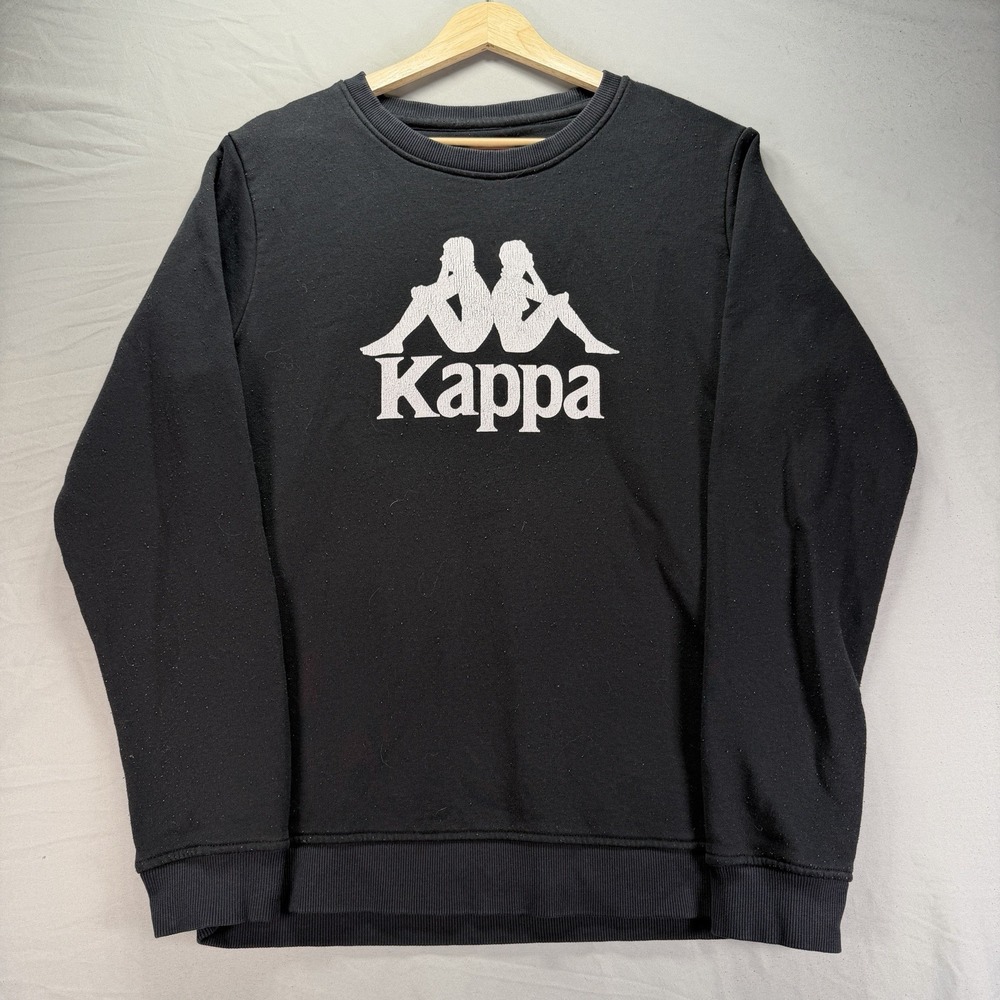 Kappa Sweatshirt Mens Medium Black Crewneck Fleece Big Logo Street Wear